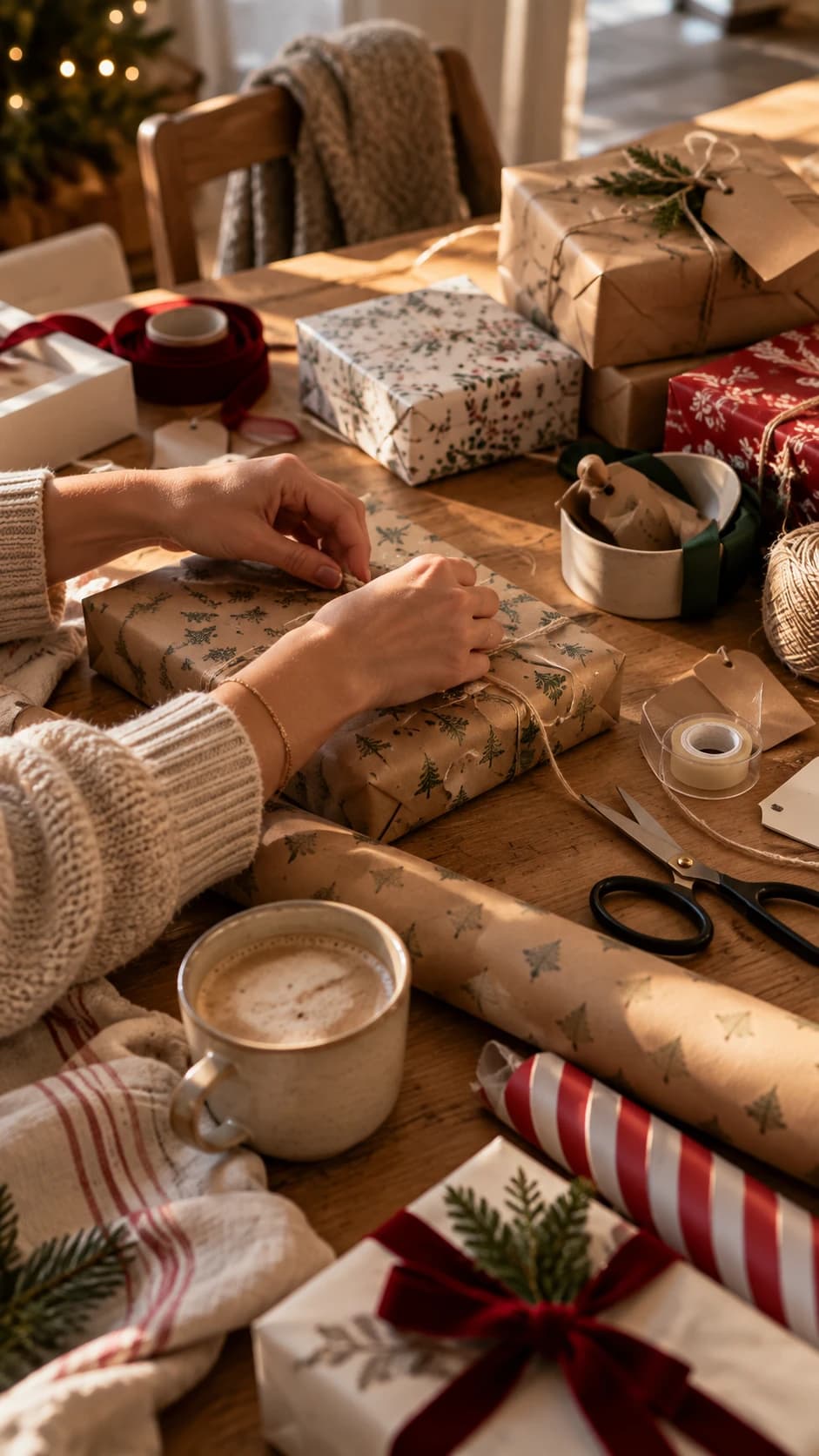 Hands wrapping Christmas presents at a kitchen table