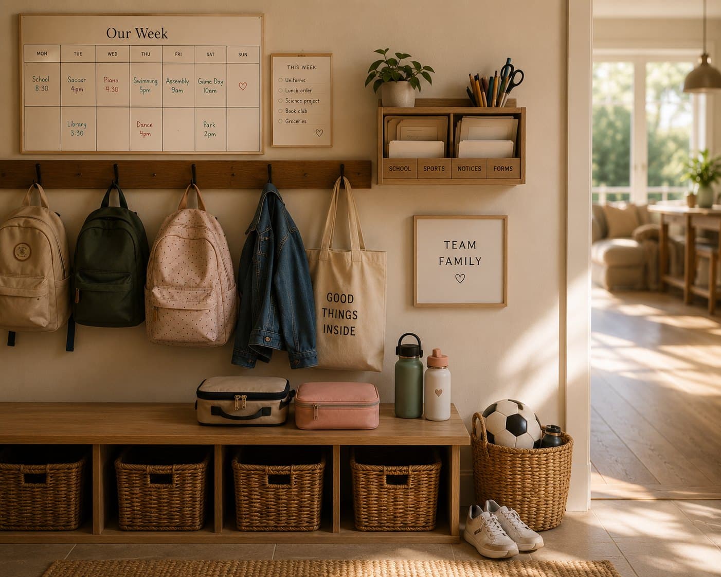 A family entryway with school bags, lunchboxes and a weekly planner