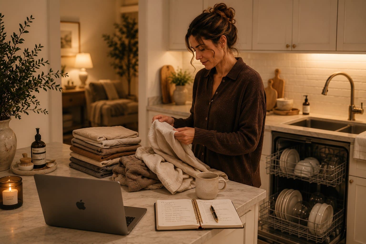 A mum folding washing at the kitchen bench at night, a notebook open beside her