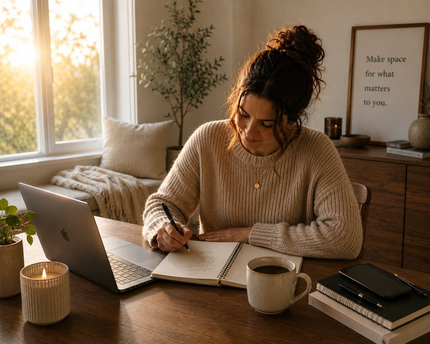 A mum writing a list in a notebook at a table
